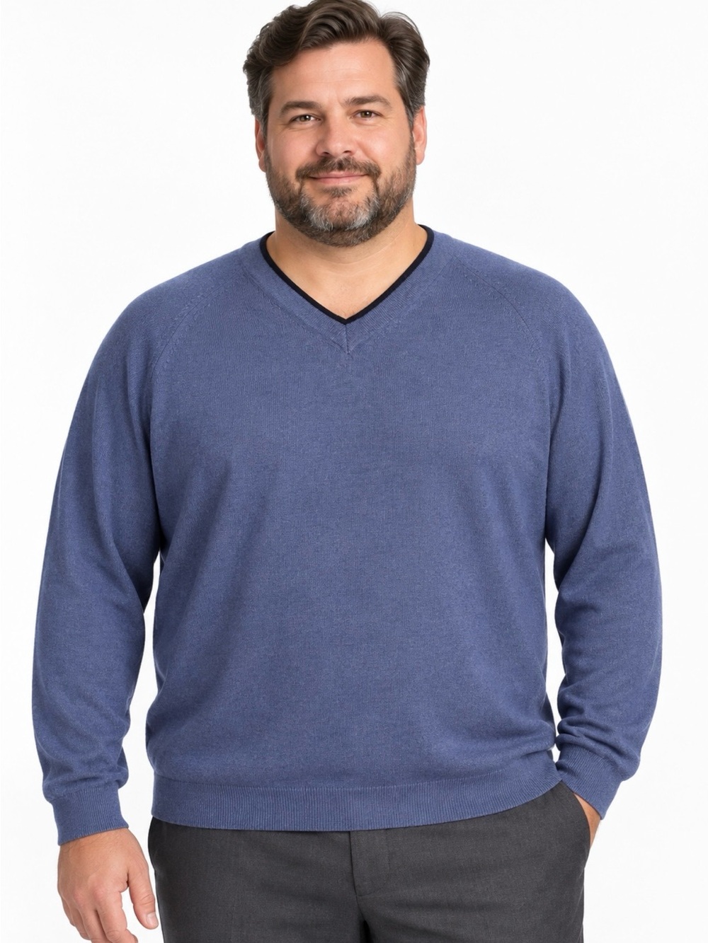 Bachrach Men’s XL Blue V-Neck Sweater Merino Wool Silk Blend Contrast Trim